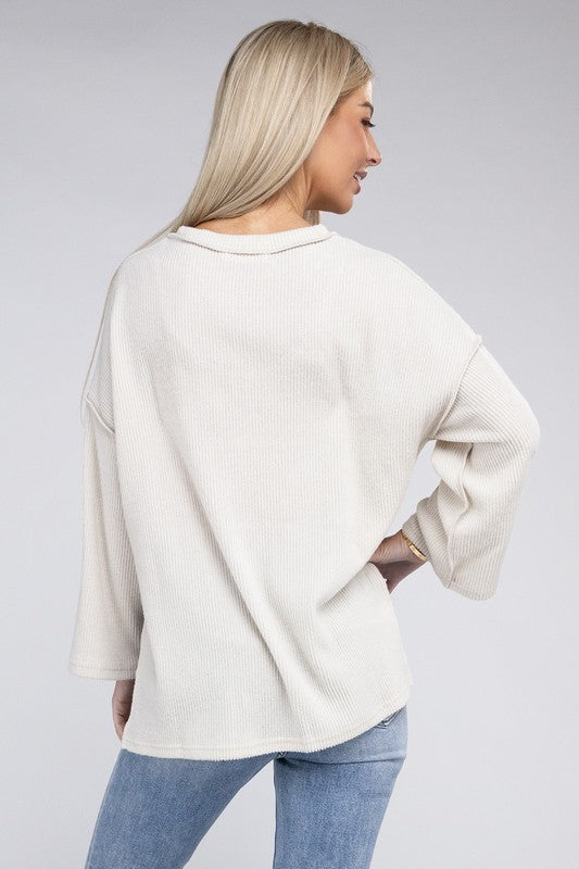 Women's Casual Ribbed Henley Sweater with Bell Sleeves