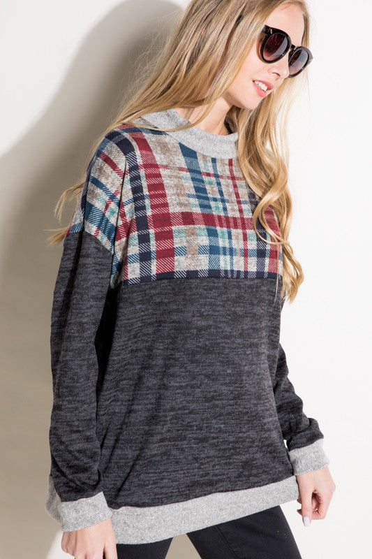 Plus Size Women's Casual Plaid Mock Neck Long Sleeve Top