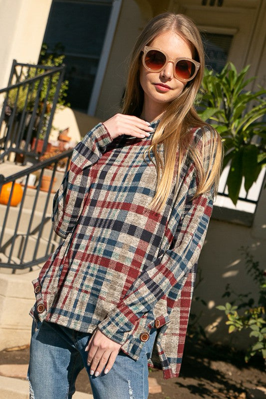 Women's Oversized Plaid Mock Neck Top with Side Buttons