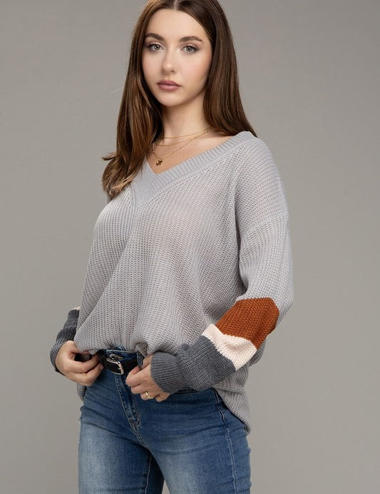 Women's Color Block V-Neck Dropped Shoulder Sweater