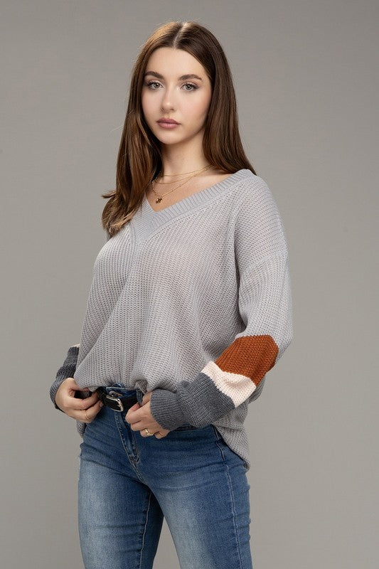 Women's Color Block V-Neck Dropped Shoulder Sweater