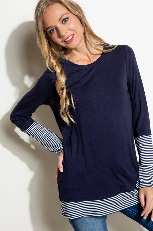 Plus Size Casual Pin Stripe Mixed Long Sleeve Top