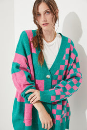 Women's Checkered Oversized Sweater with Button Closure