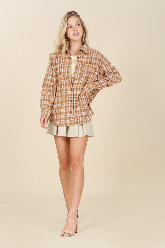 Women's Beige Plaid Button-Up Shirt