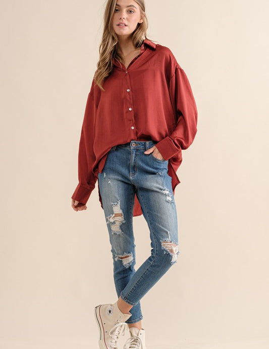 Women's Casual Light Satin Button Down Shirt