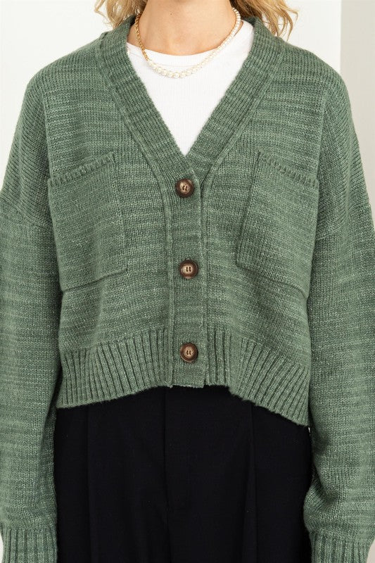 Women's Cropped V-Neck Cardigan Sweater with Button Closure