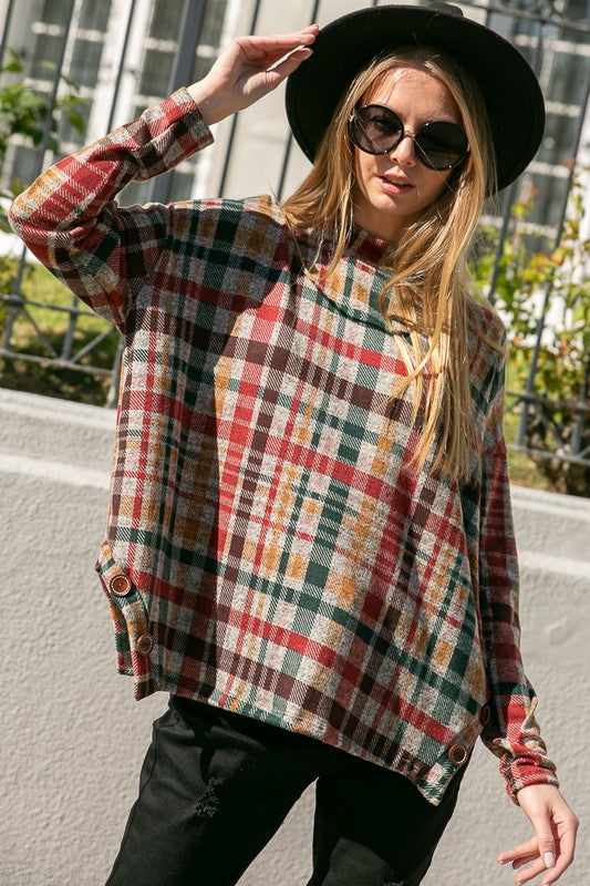 Women's Oversized Plaid Mock Neck Top with Side Buttons