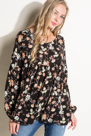 Women's Casual Floral V-Neck Loose Fit Baby Doll Top