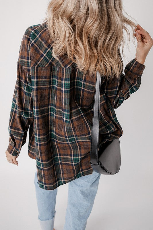 Women Plaid Print Pockets Buttoned Shirt Jacket