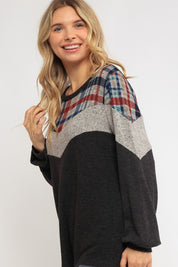 Women's Loose Fit Plaid Color Block Top