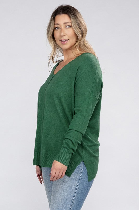 Women's Plus Oversized V-Neck Garment Dyed Sweater