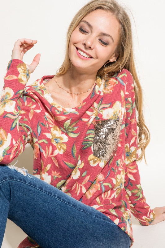 Women's Floral Sequence Pocket Round Neck Plus Top