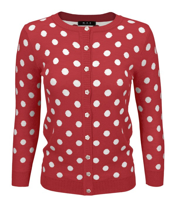 Women's Polka Dot Jacquard 3/4 Sleeve Cardigan Sweater