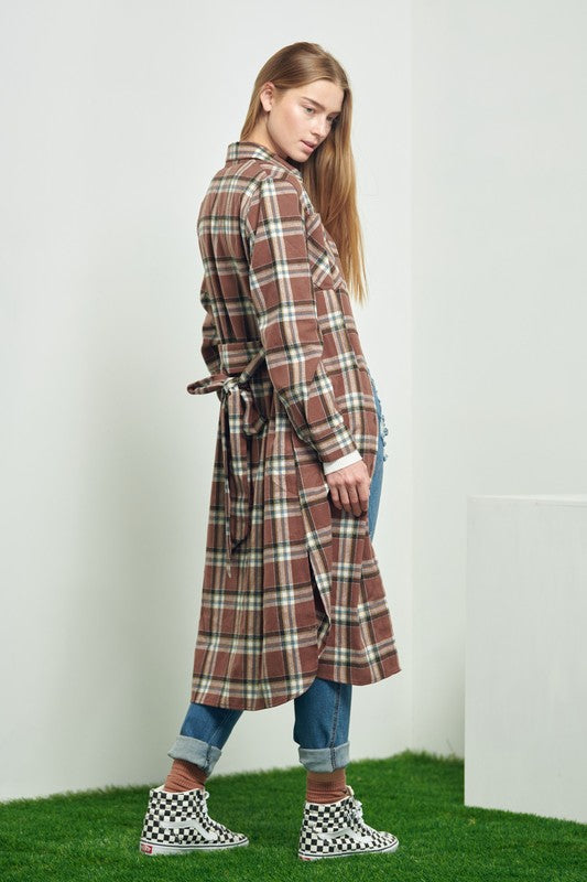 Women's Belted Plaid Print Long Shirt Dress