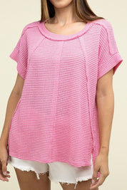 Brushed Waffle Exposed-Seam Short Sleeve Top