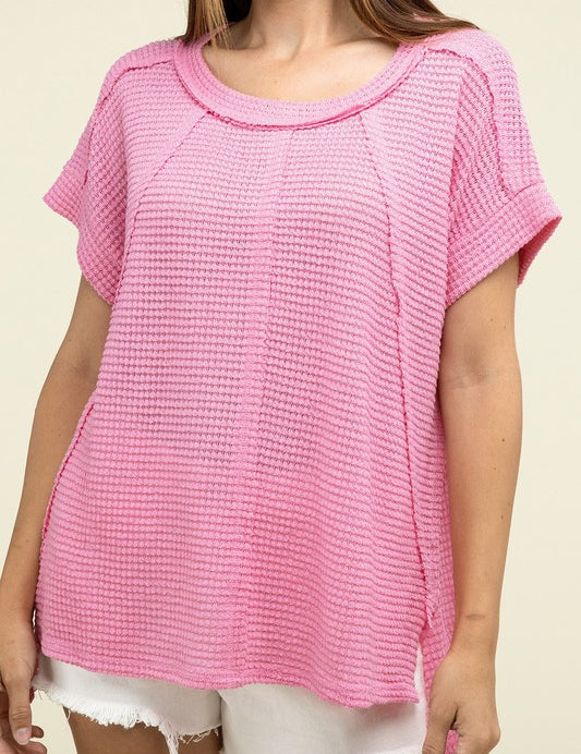 Brushed Waffle Exposed-Seam Short Sleeve Top