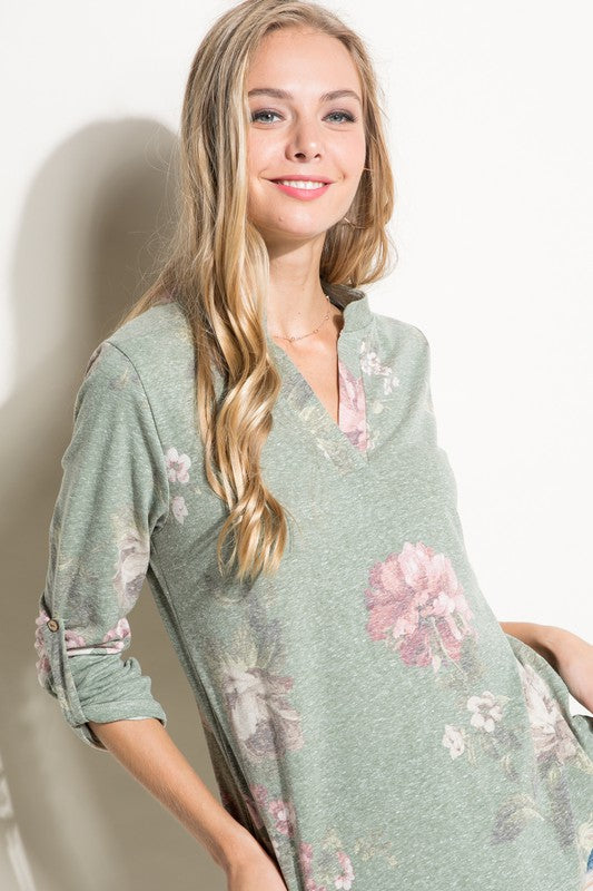 Women's Casual Floral Split Neck Long Sleeve Top