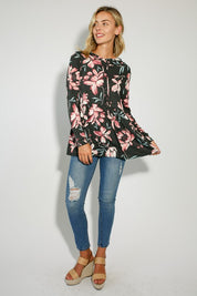 Women's Floral Print Jersey Babydoll Hoodie Casual Top