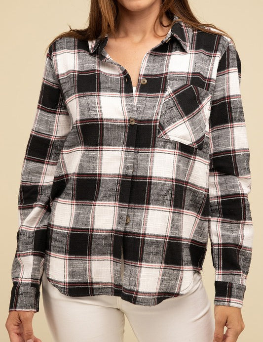 Cotton Plaid Shacket With Front Pocket