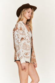 Women's Oversized Heart Paisley Color Block Cardigan