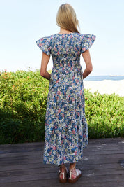 Women's Vintage Floral Flutter Smocking Midi Dress