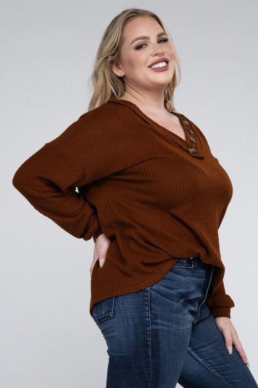 Plus Size Oversized Waffle Knit V-Neck Button Sweater