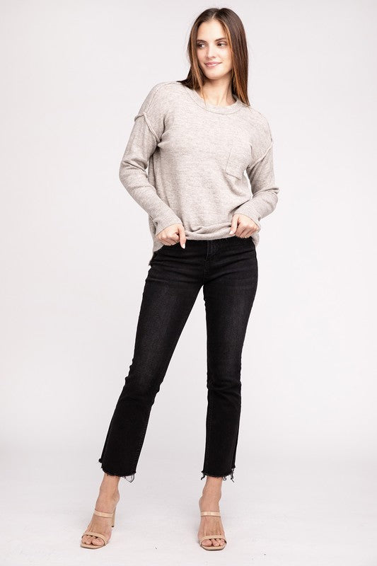 Women's Casual Melange Hi-Low Hem Round Neck Sweater