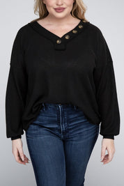 Plus Size Oversized Waffle Knit V-Neck Button Sweater