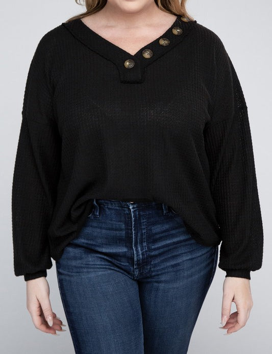 Plus Brushed Waffle V-Neck Button Detail Sweater