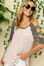 Women's Stripe Camo Ladder Sleeve Top