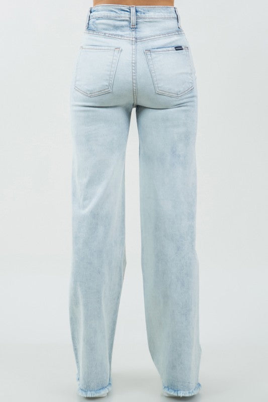 Women's High Rise Stone Wash Wide Leg Jeans