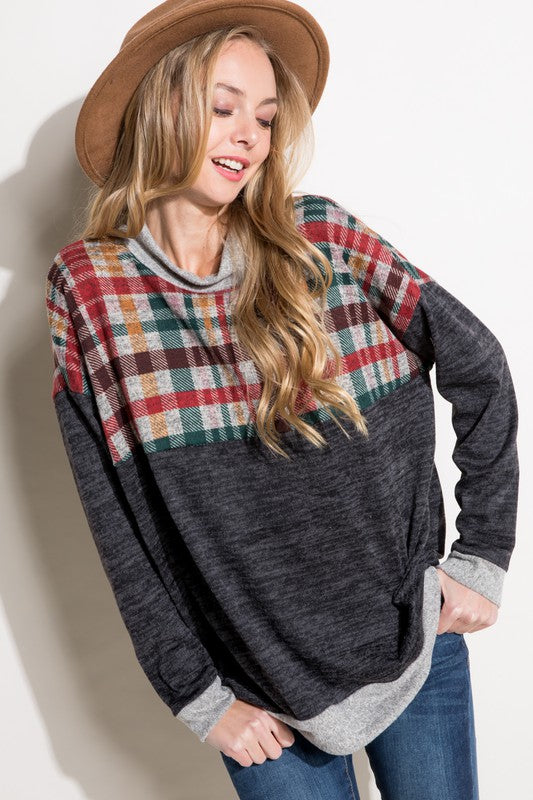 Women's Casual Loose Fit Mock Neck Plaid Top