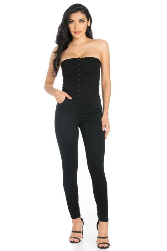 Women's Cropped Black Denim Jumpsuit