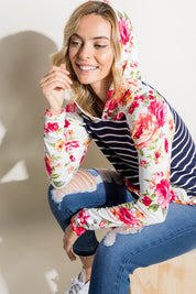 Women's Stripe Floral Mix Hoodie Top