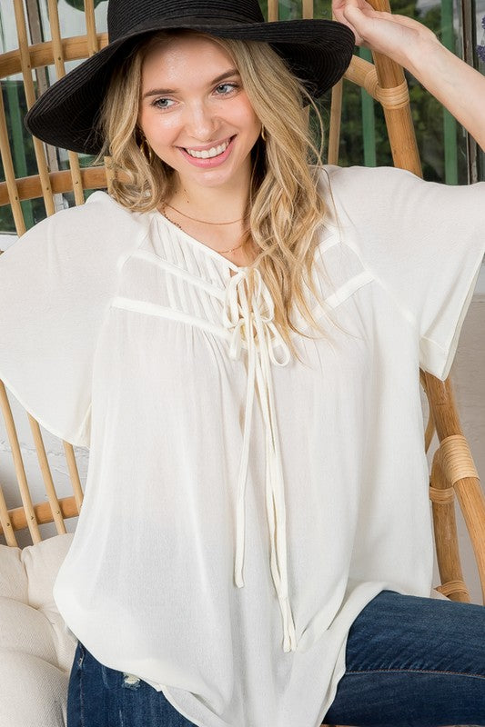 Women's Solid Bow Tie Peasant Top