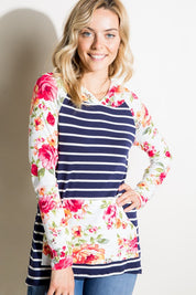 Women's Casual Stripe Floral Mix Hoodie Top