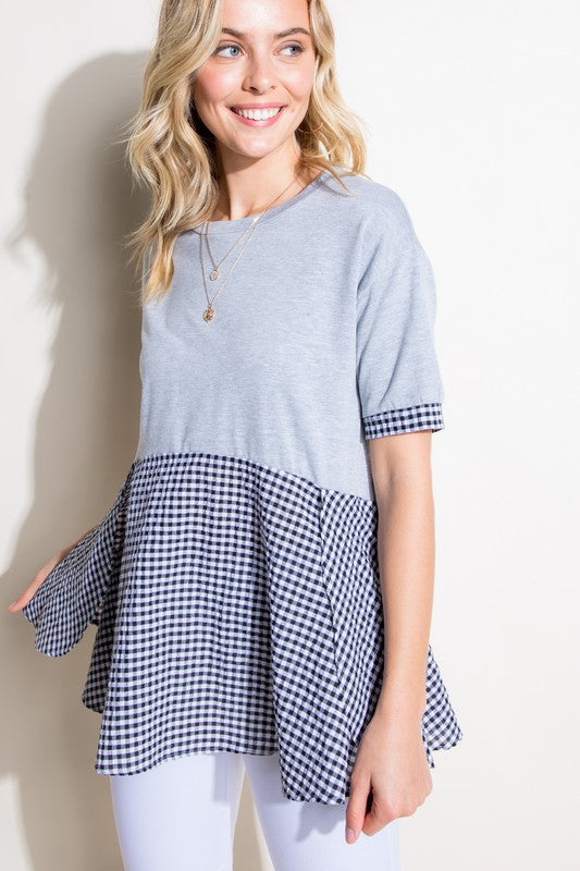 Women's Casual Checker and Solid Mix Tunic Top