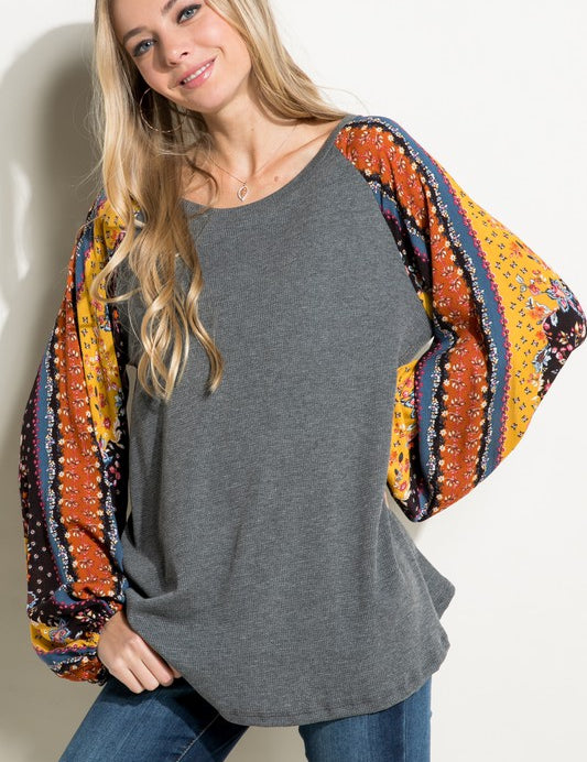 Women's Floral Solid Mix Puff Sleeve Top