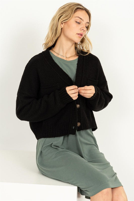 Women's Cropped V-Neck Cardigan Sweater with Button Closure