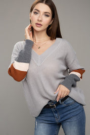 Women's Color Block V-Neck Dropped Shoulder Sweater