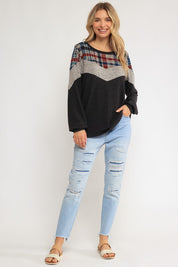 Women's Loose Fit Plaid Color Block Top