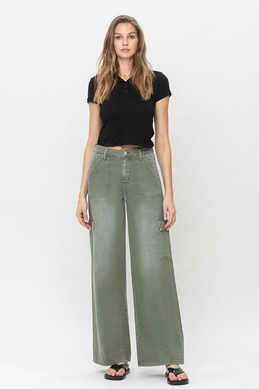 Women's High Rise Utility Cargo Wide Leg Jeans