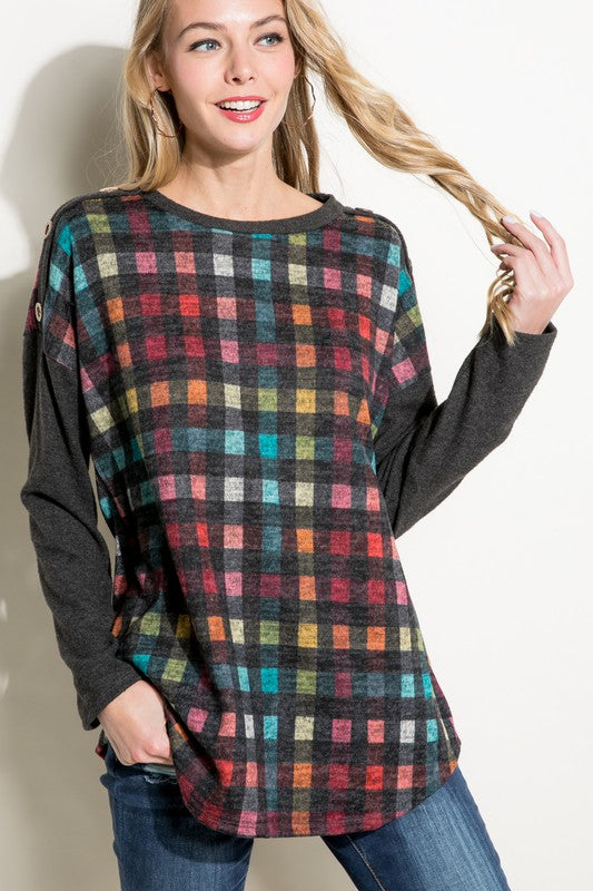 Women's Loose Fit Plaid Mixed Long Sleeve Top