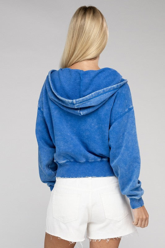 Women's Relaxed Fit Acid Wash Fleece Cropped Zip-Up Hoodie