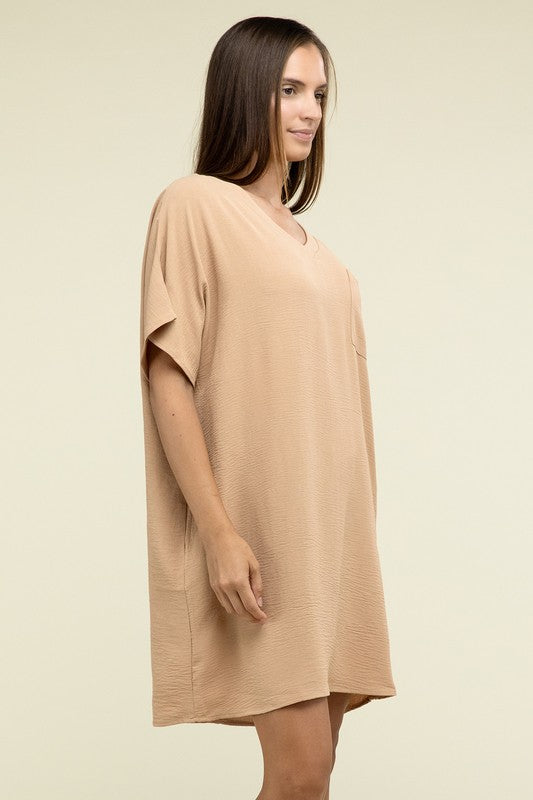 Women's Casual Relaxed V-Neck T-Shirt Dress with Pockets