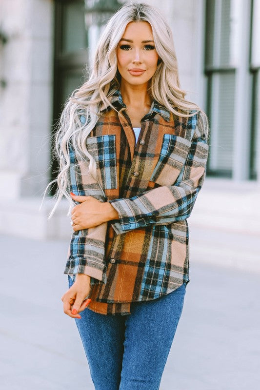 Women's Long Sleeve Plaid Button-Up Shirt with Pockets