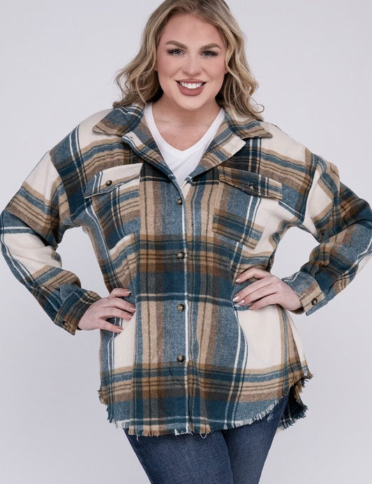 Plus Size Yarn Dyed Plaid Shirt Jacket