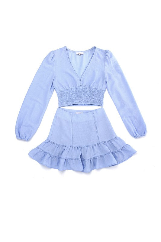 Women's Lace Trimmed V-Neck Smocking Blouse and Skirt Set