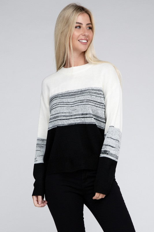 Women's Color Block Long Sleeve Round Neck Sweater