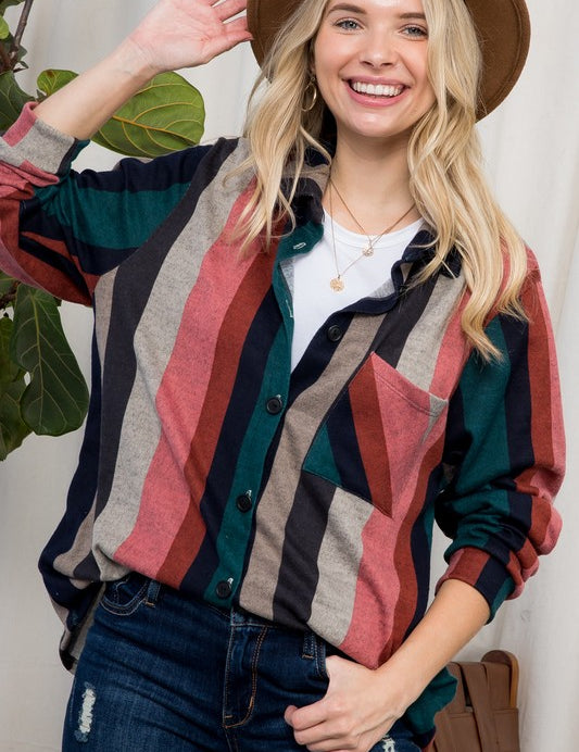 PLUS COZY STRIPE BUTTON DOWN SHACKET